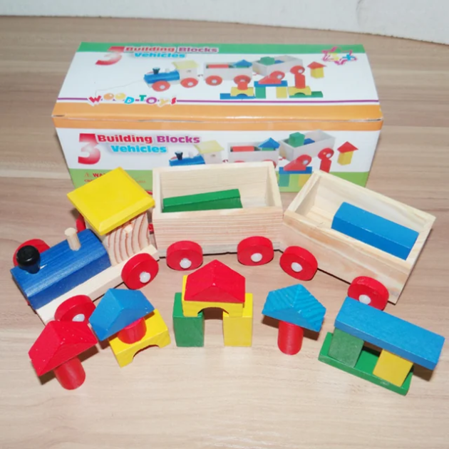 Wooden pull along train with building blocks