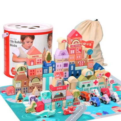 Wooden Symphony City Building Blocks with Storage Bucket